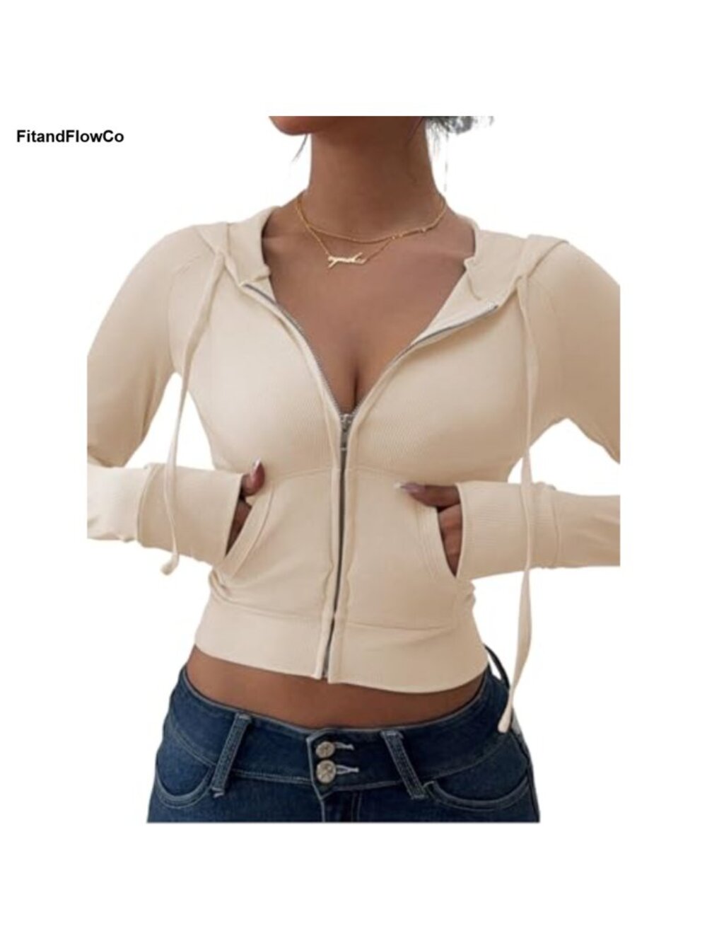 Slim Fit Cropped Zip Up Hoodie Ribbed Knit Long Sleeve Sweatshirt Pockets